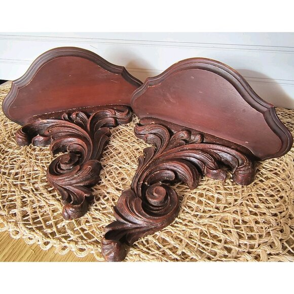 MCM Syroco Wood Wall Shelves w/ Plate Groove, SET/2 Composite Wood, Mahogany Red - Picture 1 of 10